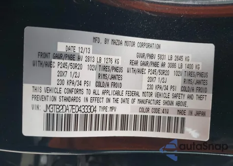 2014 Mazda Cx-9 Grand Touring z USA, uszkodzony, nr VIN JM3TB2DA7E0433304